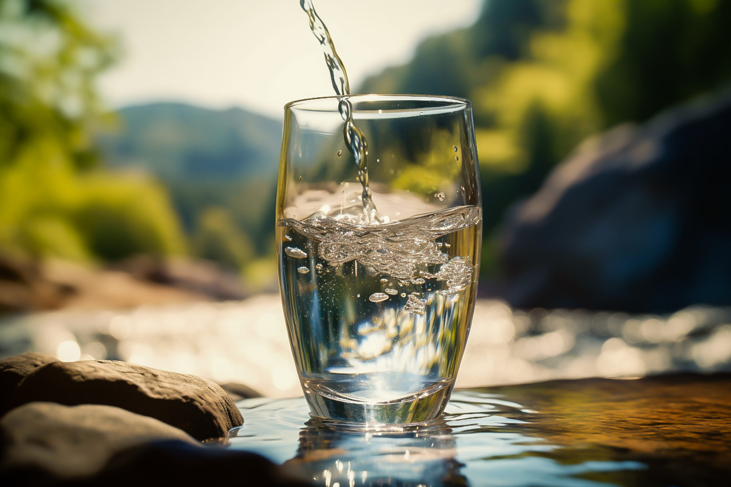 a glass glass with clear water against the background of mountains on a summer day. The image is generated by artificial intelligence